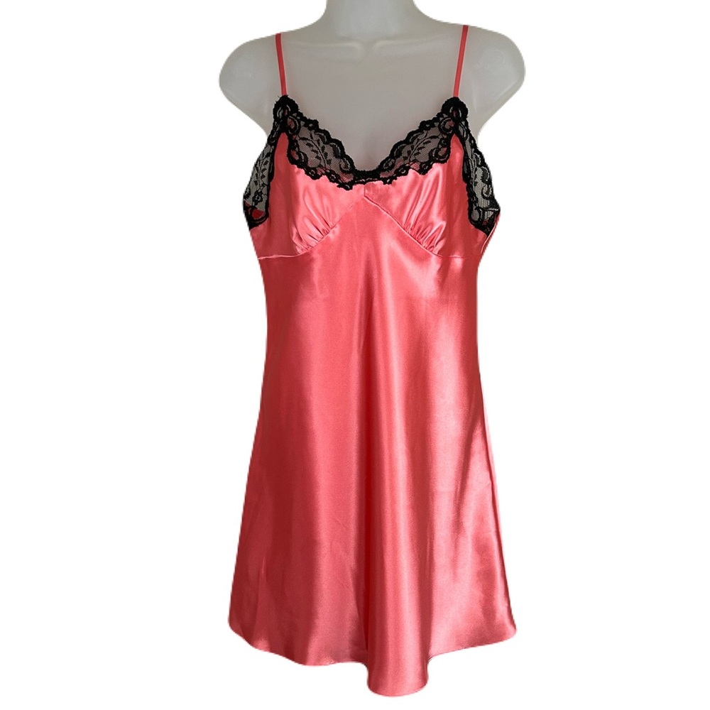 Jones New York Babydoll Slip Dress Chemise Nightie Sz M Pink Satin Lace Coquette